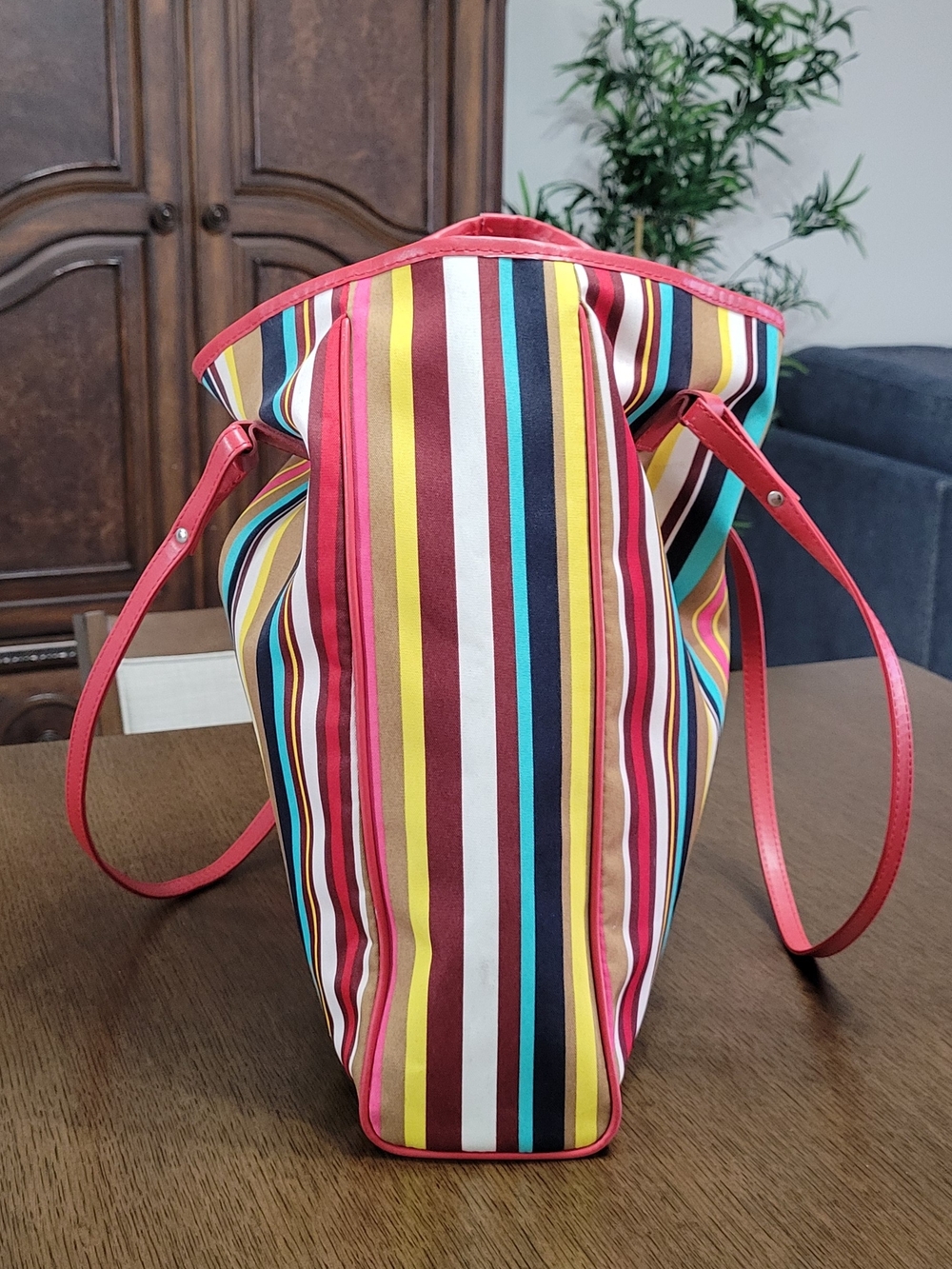 Lancôme Multicolor Striped Tote with Red Trim